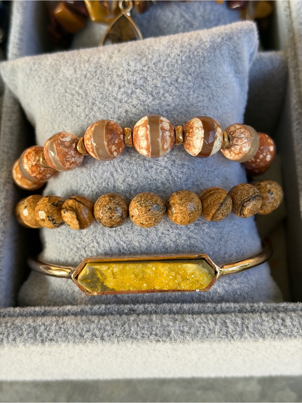 Hand Crafted Yellow Druzy and Brown Bead Stack Bracelet Set